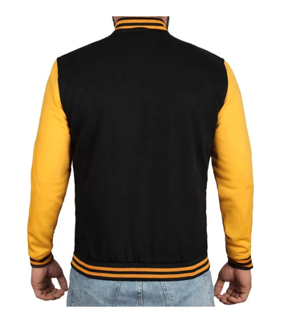 Men's Black and Yellow Varsity Bomber Jacket - Baseball Letterman Style Super Star Jacket