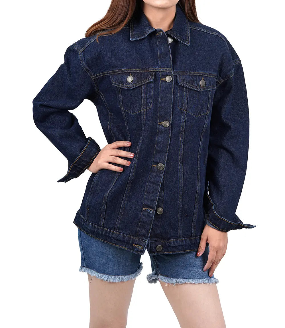 Women's Dark Blue Oversized Denim Jacket Super Star Jacket