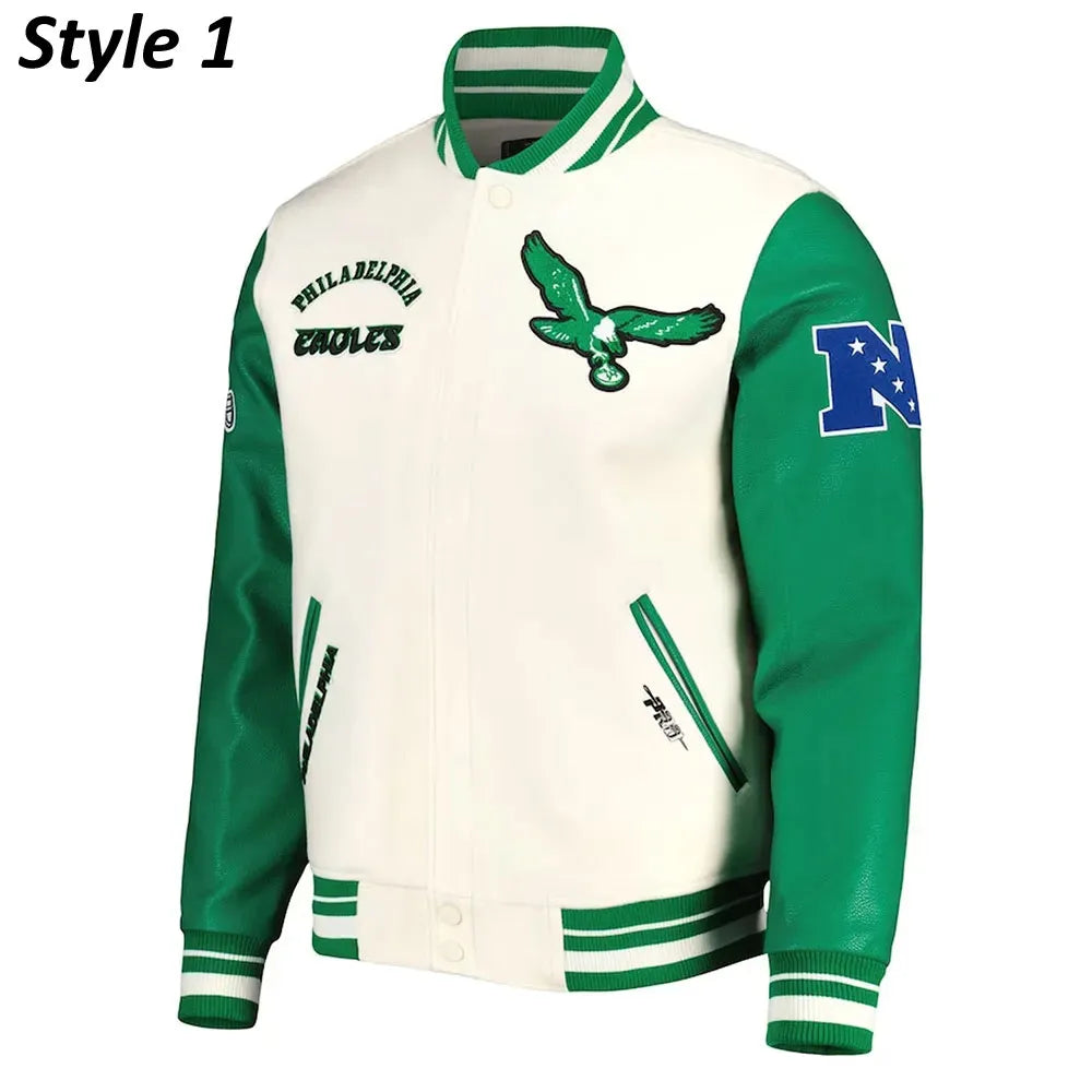 Cream/Green Philadelphia Eagles Retro Classic Varsity Jacket Super Star Jacket