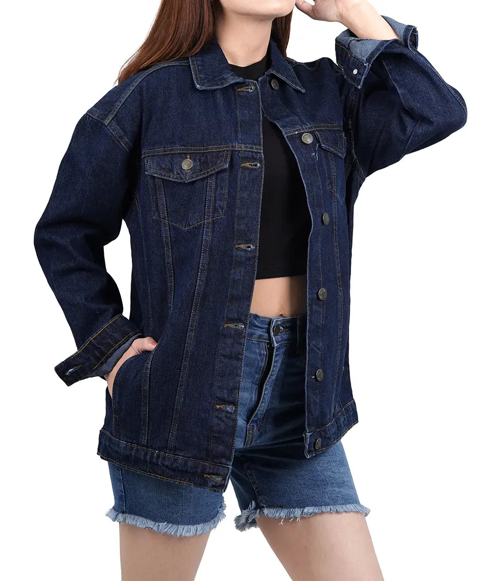Women's Dark Blue Oversized Denim Jacket Super Star Jacket