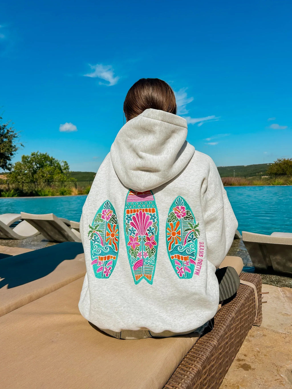 Women’s Sunset Surf Embroidered Grey Hoodie Super Star Jacket