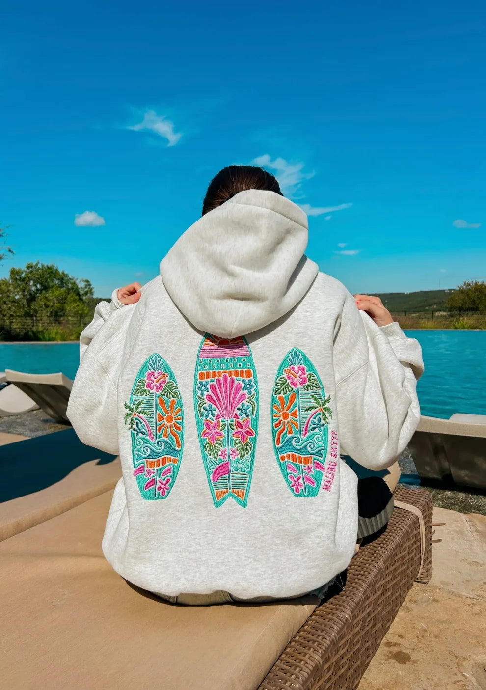 Women’s Sunset Surf Embroidered Grey Hoodie Super Star Jacket