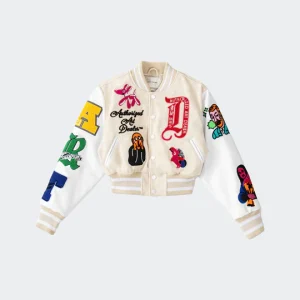 Womens-First-Row-Art-Dealer-Graphic-Cropped-Cream-Varsity-Jacket