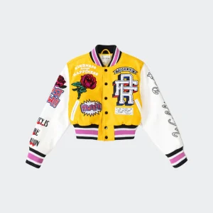 Womens-First-Row-Flower-Phwoar-Cropped-Yellow-And-White-Varsity-Jacket