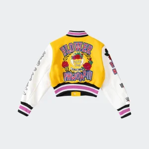 Women’s First Row Flower Phwoar Cropped Yellow And White Varsity Jacket