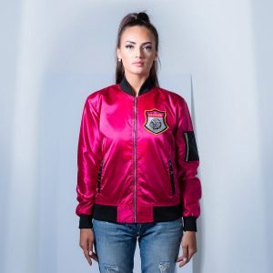 Womens-Warrior-Pink-Satin-Varsity-Jacket