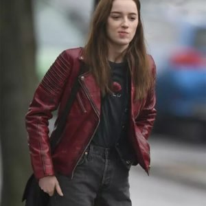 Alexandra-Bank-Of-Dave-Phoebe-Dynevor-Maroon-Leather-Jacket