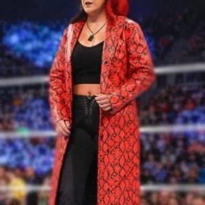 WWE-Smackdown-Bayley-Python-Print-Red-Faux-Leather-Trench-Coat-1